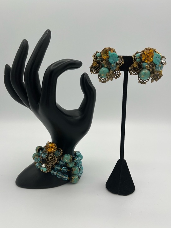 Miriam Haskell Jewelry - Unsigned Miriam Haskell Robin's Egg Blue Four-Strand Bracelet & Filigree Earring